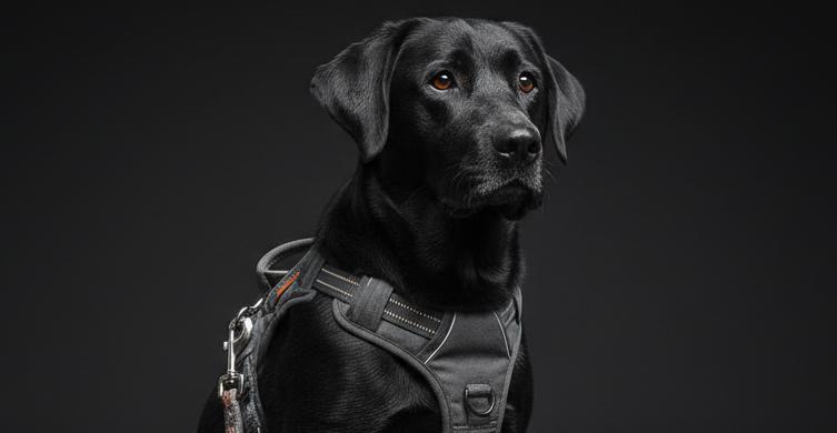 chien avec un harnais et une laisse avec un fond sombre