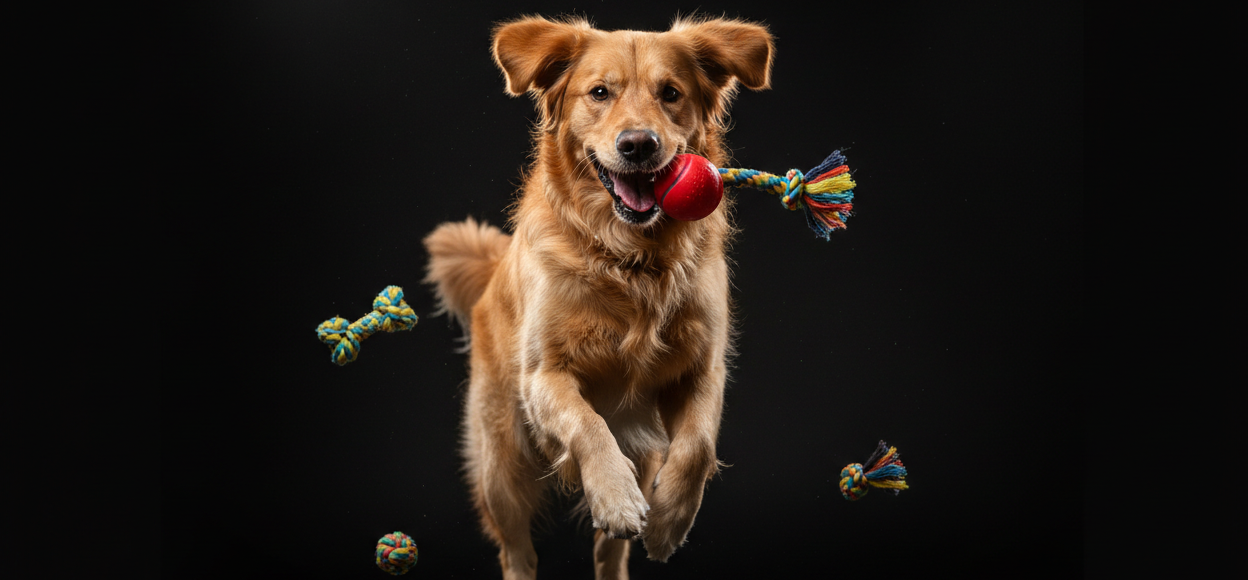 chien qui joue avec de jouet de chien avec un fond sombre