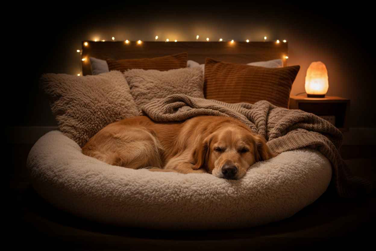 un chien dans un coussin confortable avec un fond sombre (soir)